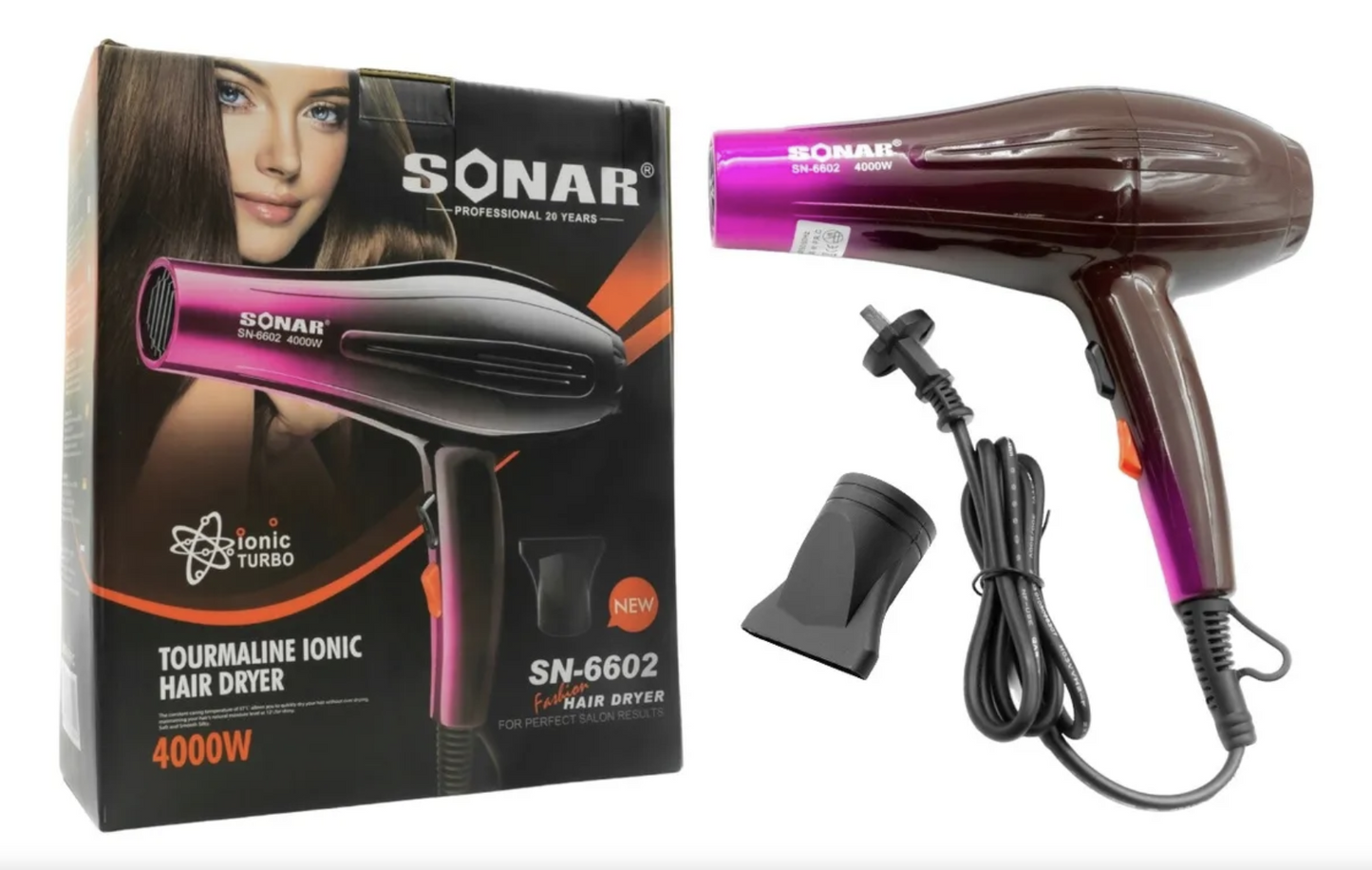 Secador de Cabello Profesional SONAR SN-6602 | 4000W Tourmaline Ionic | 3 Niveles de Calor + Cool Shot