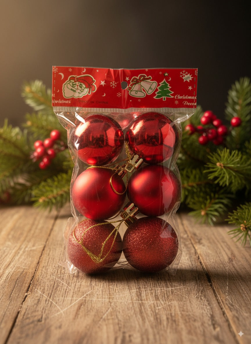 Esferas Navideñas Decorativas – Pack de 6 Unidades (Oro, Plata, Rojo)