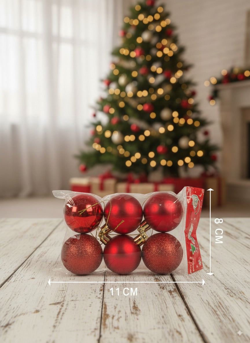Esferas Navideñas Decorativas – Pack de 6 Unidades (Oro, Plata, Rojo)